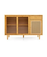 Costway Buffet Sideboard Cabinet Rattan Console Table with Sliding Doors Storage Drawer