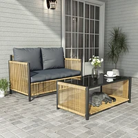Patio 6 Pieces Brown Pe Wicker Sofa Set with Grey Cushion