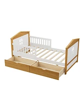 Streamdale Furniture Twin Size House Shape Bed with Two Drawers Wooden Bed for Girls Boys Teens, No Box Spring Needed, Walnut and White