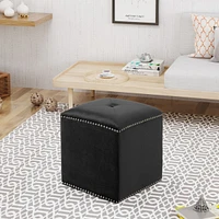 Plush Velvet Square Ottoman with Studded Trim and Single Tuft