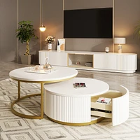 Modern Round Nesting Coffee Table Fluted with Drawer in Black & Gold in 31.5"