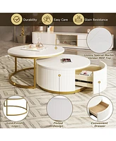 Streamdale Furniture Modern Round Nesting Coffee Table Fluted with Drawer in White & Gold in 31.5''