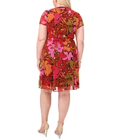 Msk Plus Printed Split-Neck Pintuck Cap-Sleeve Dress