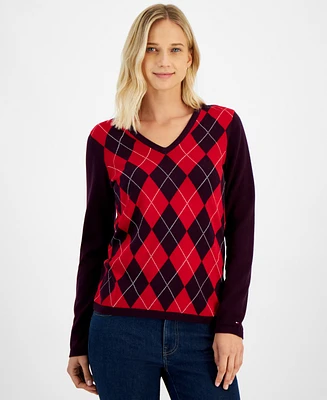 Tommy Hilfiger Women's Cotton Argyle V-Neck Sweater