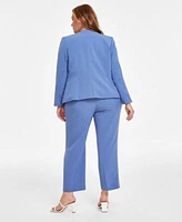 Kasper Plus Size Collarless Open Front Jacket Printed Pleat Neck Keyhole Sleeveless Blouse Mid Rise Straight Leg Fly Front Pants