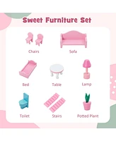 Costway Kids Wooden Dollhouse Playset with 5 Simulated Rooms & 10 Pieces of Furniture