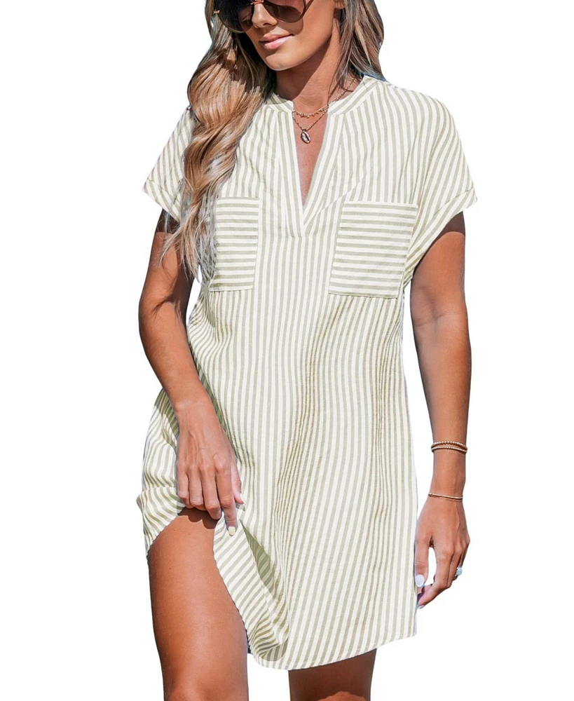 Cupshe Women's Red & White Irregular Stripe Dolman Sleeve Mini Beach Dress