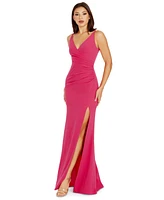 Dress the Population Women's Jordan V-Neck Asymmetrical Ruched Bodycon Maxi