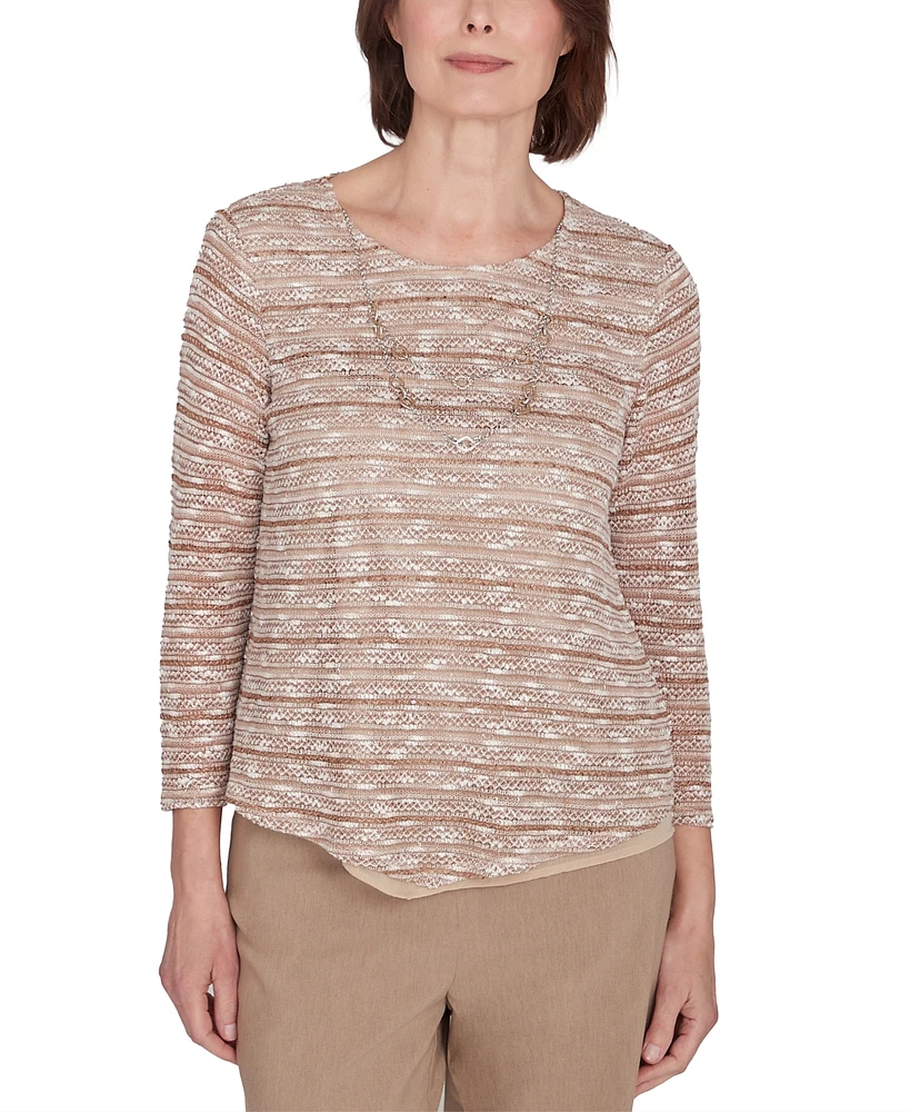 Alfred Dunner Petite Space-Dyed Textured Top With Necklace