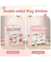 Costway 2 in 1 Kids Play Kitchen & Restaurant Double-Sided Pretend Playset with Canopy