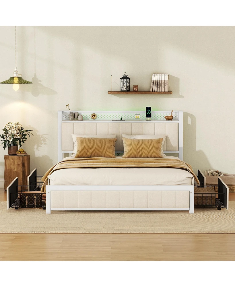 Streamdale Furniture Queen Bed Frame with Led Headboard, Upholstered Bed with 4 Storage Drawers and Usb Ports