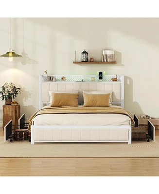 Streamdale Furniture Queen Bed Frame with Led Headboard, Upholstered Bed with 4 Storage Drawers and Usb Ports, Beige