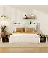 Simplie Fun Queen Bed Frame with Led Headboard, Upholstered Bed with 4 Storage Drawers and Usb Ports