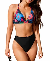 Cupshe Women's Retro Floral Plunging Bikini Top & Cheeky Bottoms Set