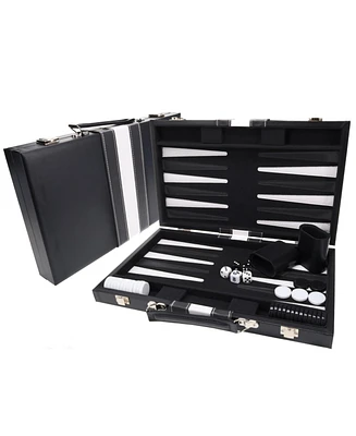 We Games Black with Stripe Leatherette Backgammon Set, 14.75 x 9.75 in. closed