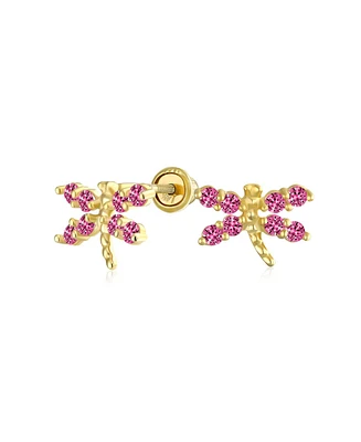 Bling Jewelry Cz Tiny Cubic Zirconia Pink Fuchsia Red Cz Dragonfly Firefly Butterfly Stud Earrings 14K Yellow Gold Screw back