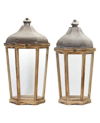 Slickblue Tapered Wooden Floor Lantern With Rustic Metal Lid (Set of 2)