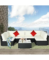 Sugift 7 Pieces Sectional Wicker Furniture Sofa Set with Tempered Glass Top-Beige