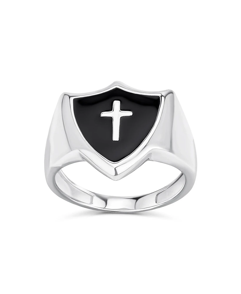 Bling Jewelry Black Natural Onyx Inlay Religious Christian Shield Cross Signet Ring For Women Sterling Silver