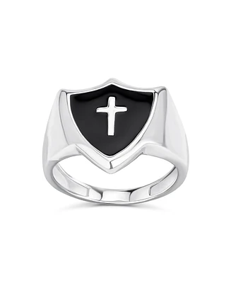 Bling Jewelry Unisex Black Onyx Inlay Religious Christian Shield Cross Signet Ring For Women Men .925 Sterling Silver