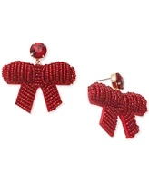 Holiday Lane Gold-Tone Red Glass Seed Bead Ribbon Bow Drop Earrings