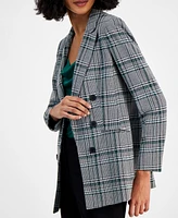 Bar Iii Women's Plaid Open-Front Faux-Double-Breasted Blazer, Created for Macy's