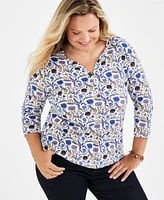 Style & Co Women's Printed 3/4 Henley Tee, Created for Macy's