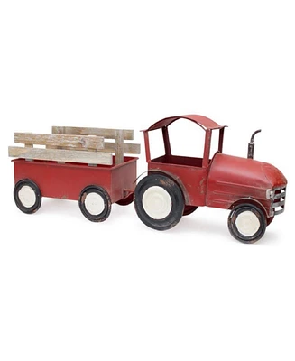 Slickblue Iron Metal Tractor With Wagon Decor With Wood Accents 27.5"l