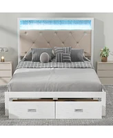 Simplie Fun Wood Full Size Platform Bed with Upholstered Headboard and Led and 2 Drawers, Antique White