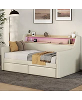 Simplie Fun Twin Size Daybed with Storage Drawers, Upholstered Daybed with Charging Station and Led Lights, Beige