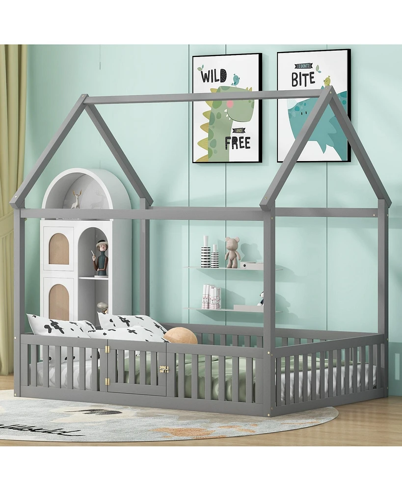 Simplie Fun Full Size Wood House Bed with Fence and Door, Gray