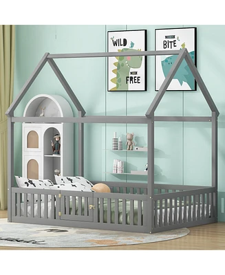 Simplie Fun Full Size Wood House Bed with Fence and Door, Gray