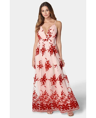 Bebe Women's Plunge Neck Embroidered Maxi Dress