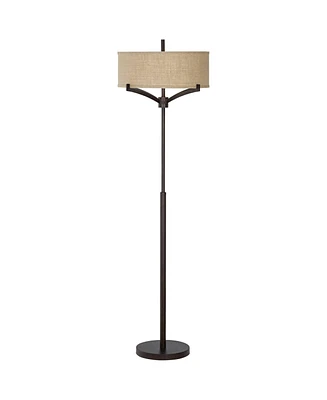 Franklin Iron Works Tremont Modern Mid Century Floor Lamp Standing 62" Tall Deep Bronze Metal Tan Burlap Drum Shade for Living Room Reading Bedroom Of