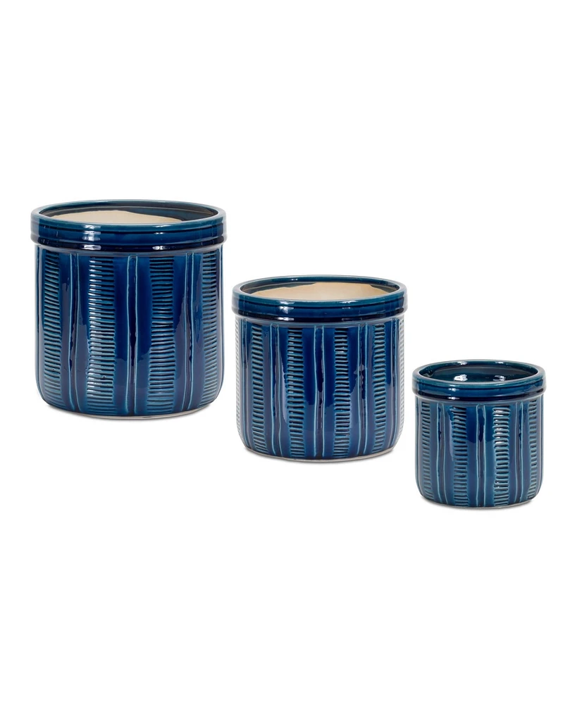 Slickblue Set of 3 Blue Etched Terra Cotta Pot Planters for Charming Indoor and Outdoor Decor