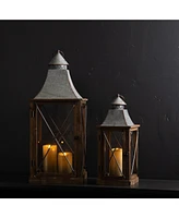 Slickblue Rustic Wood Lantern With Galvanized Metal Lid (Set of 2)