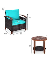 Gymax 3PCS Patio Wicker Rattan Conversation Set Outdoor Furniture Set w/ Turquoise Cushion