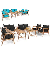 Gymax 8PCS Patio Conversation Set Wood Frame Furniture Set w/ Turquoise & Black Cushions