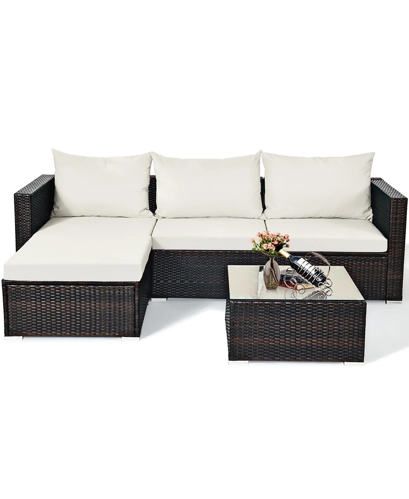 Gymax 5PCS Cushioned Rattan Patio Conversation Set w/ Ottoman Off White Cushion