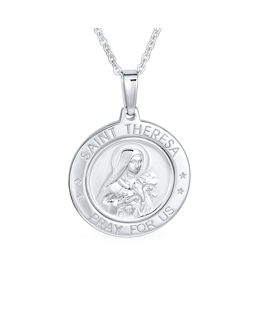 Bling Jewelry Large Size Patron Of Missions "Pray for Us" Religious Medal Medallion Round Saint Theresa Pendant Necklace For Women Sterling Silver