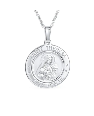 Bling Jewelry Large Size Patron Of Missions "Pray for Us" Religious Medal Medallion Round Saint Theresa Pendant Necklace For Women Sterling Silver