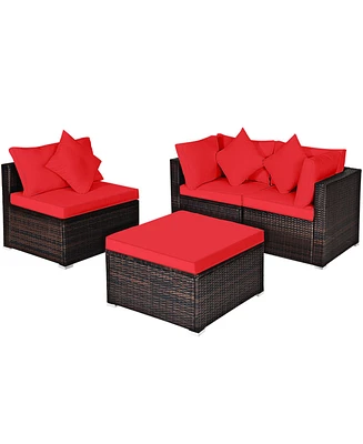 Gymax 4PCS Rattan Patio Conversation Furniture Set Yard Outdoor w/ Red Cushion