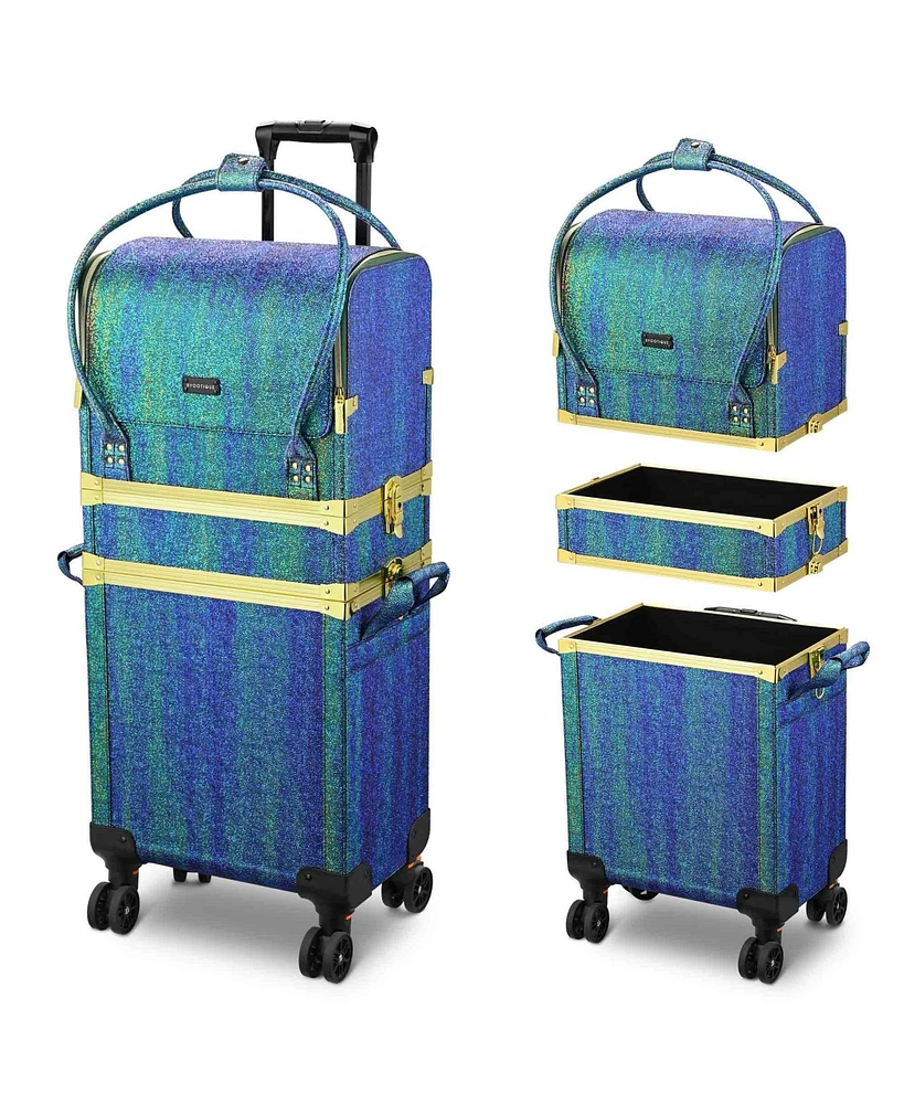 Byootique Malachite Green Makeup Train Case Lockable Rolling Cosmetic Trolley