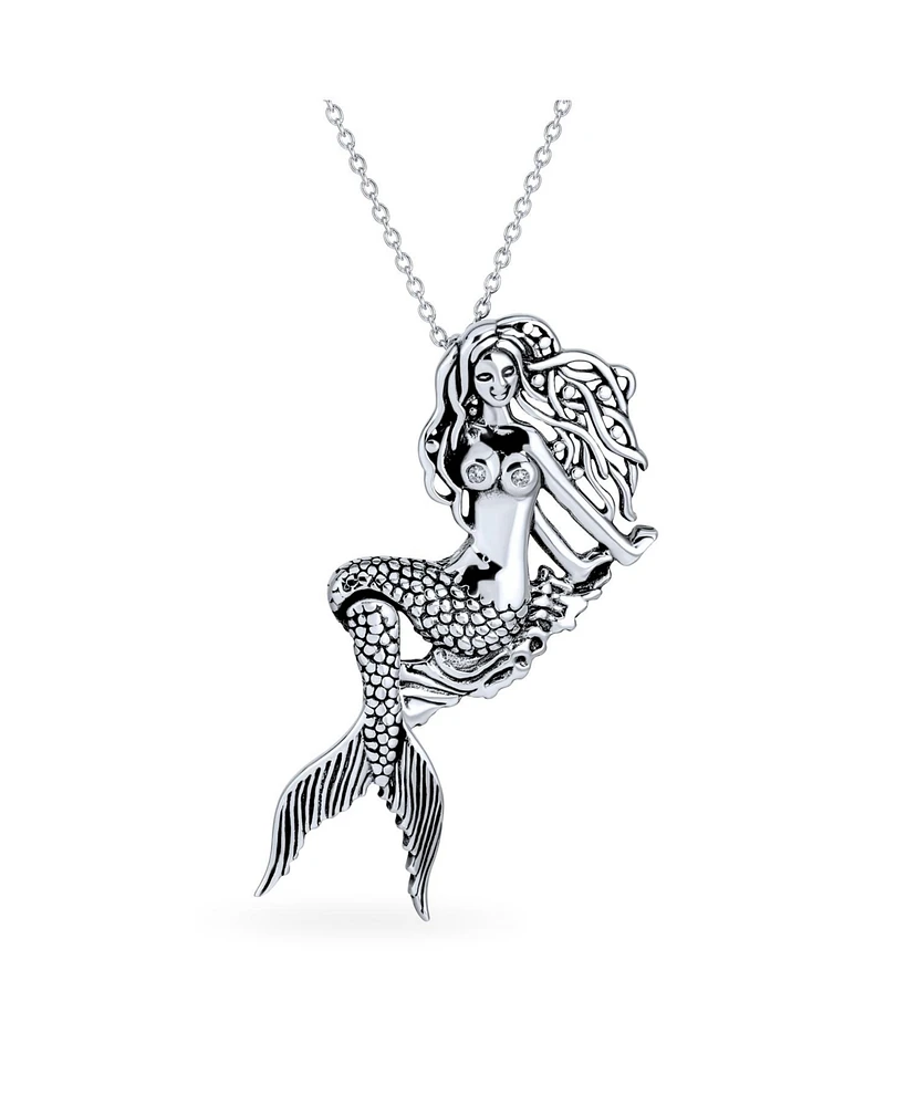 Bling Jewelry Nautical Large Dangling Sea Siren Mermaid Necklace Pendant For Women Oxidized .925 Sterling Silver