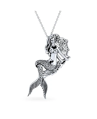 Bling Jewelry Nautical Large Dangling Sea Siren Mermaid Necklace Pendant For Women Oxidized .925 Sterling Silver