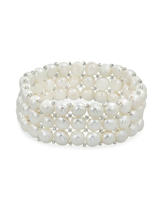 Bling Jewelry Wide White Flat Button Freshwater Cultured Pearl Triple Strand Stretch Bracelet For Women For