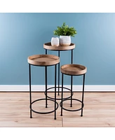 Slickblue Round Wood And Metal Plant Stand Table (Set of 3)