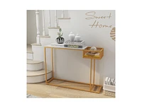 Slickblue Rectangular White Faux Marble Console Table with Storage-Gold