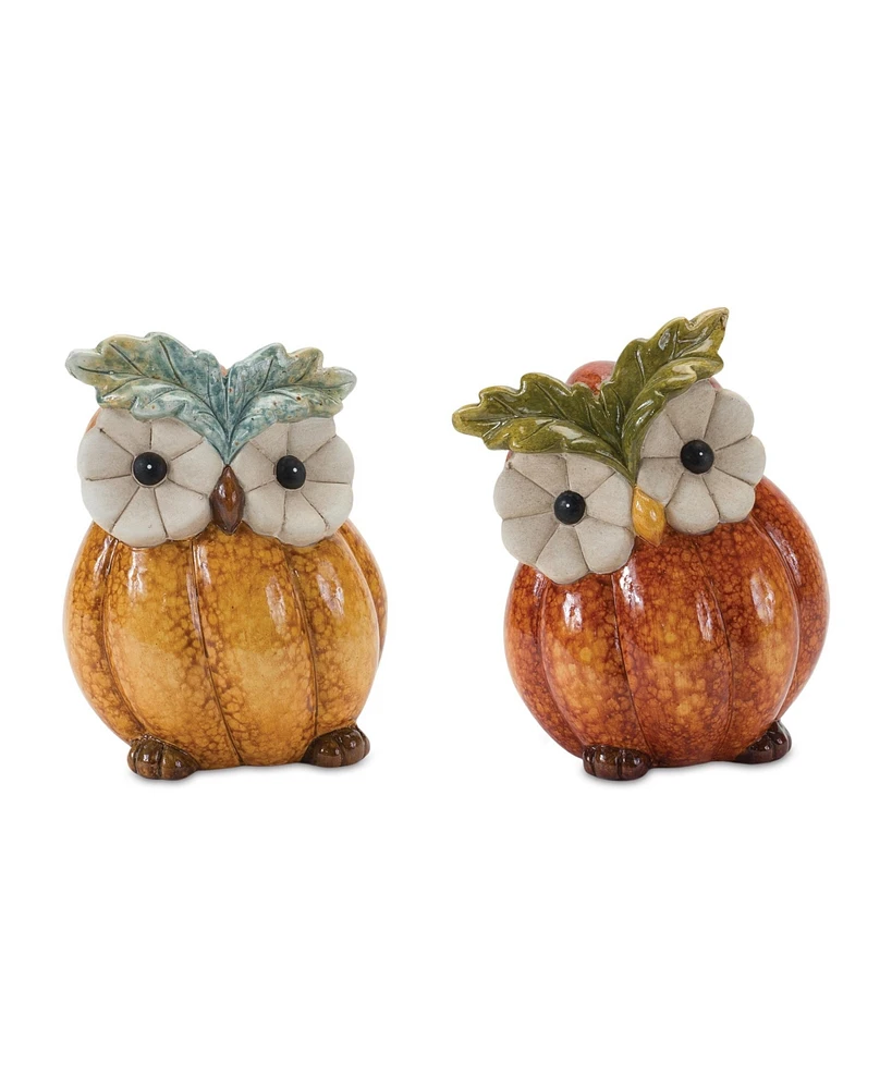 Slickblue Terra Cotta Pumpkin Owl Figurine (Set of 2)