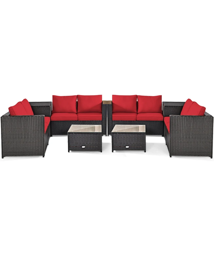 Gymax 8PCS Cushioned Rattan Patio Conversation Set w/ Side Table Red Cushion